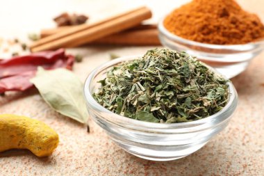 Renkli tabloda farklı aromatik baharatlar, yakın plan.