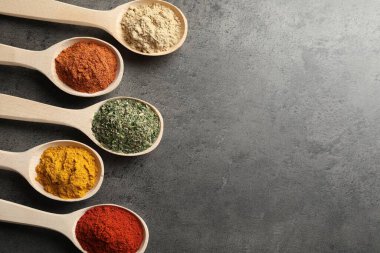 Gri masadaki kaşıklarda bir sürü farklı baharat var. Metin için boşluk