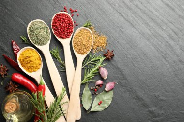 Siyah masadaki kaşıklardaki farklı aromatik baharatlar. Metin için boşluk
