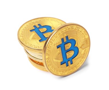Kripto para birimi. Birçok altın bitcoin beyaz üzerinde izole