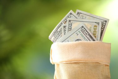 Bulanık yeşil arka planda dolar banknotları olan para çantası, yakın plan. Metin için boşluk