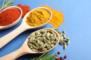 Mavi arka planda kaşıklardaki farklı aromatik baharatlar, yakın plan.