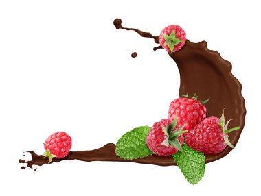 Beyaz arka planda çikolata sıçraması ve ahududu kokusu var.