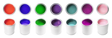 Beyaz teneke kutulardaki farklı parlak renkler, kolaj. Üst ve yan görünümler