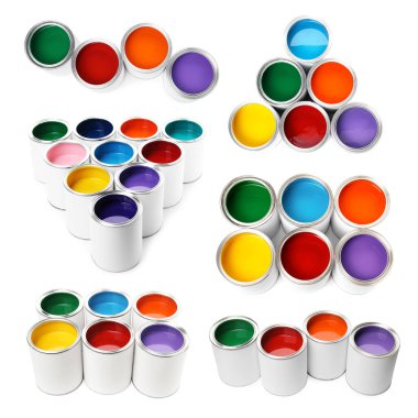 Beyaz teneke kutulardaki farklı parlak renkler, kolaj.