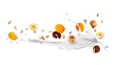 Süt, yulaf ezmesi ve beyaz arka planda kuru meyveler. Sağlıklı kahvaltı.