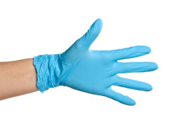 Beyaz arka planda tıp eldivenli doktor, yakın plan.