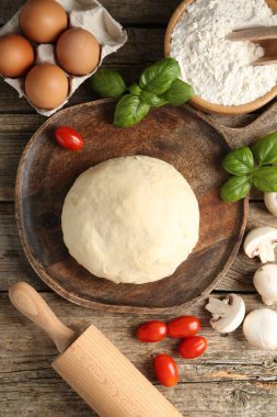 Pizza yapıyorum. Tahta masadaki farklı malzemeler.