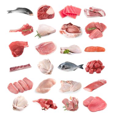 Balık ve et. Beyaz arka planda farklı ham ürünler, kolaj