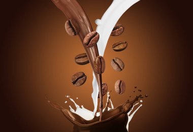 Kahve ve süt, kahverengi arkaplanda havadaki fasulyelerle birlikte akar.