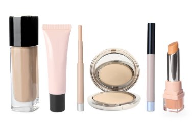 Sıvı temel, toz ve kapatıcılar beyaz, set üzerine izole