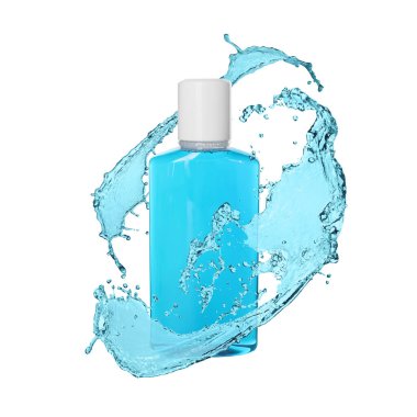 Şişedeki gargara ve beyaza izole edilmiş damlalar.