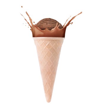 Waffle külahında çikolatalı dondurma ve beyaz arka planda biraz süt.