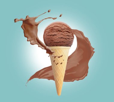 Waffle külahında çikolatalı dondurma ve turkuaz arka planda biraz süt.