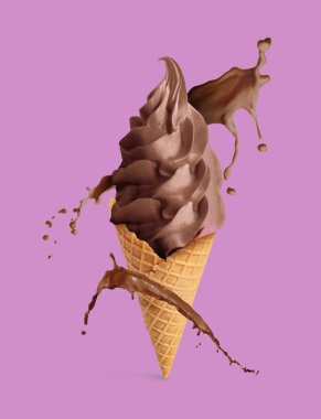 Waffle külahında çikolatalı dondurma ve menekşe arka planda süt.