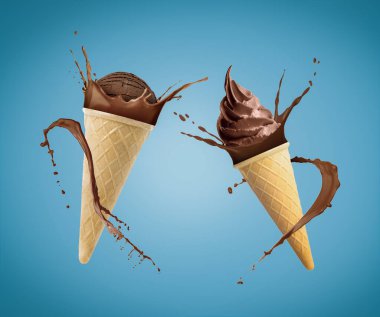 Waffle külahlı çikolatalı dondurma ve mavi arka planda sütün sıçraması.