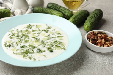 Gri desenli masada dereotlu ve fındıklı lezzetli salatalık çorbası, yakın plan.