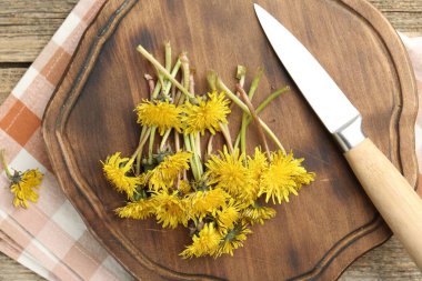 Karahindiba çiçekleri, bıçak ve tahta kesme tahtası.
