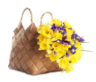 Güzel nergis buketi ve süsen çiçekleri beyaz sepetin içinde izole edilmiş.