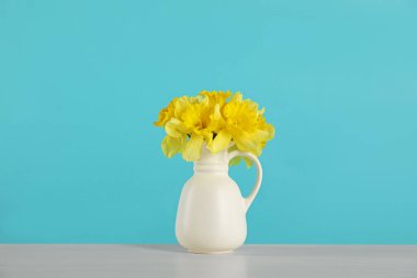 Gri masadaki vazodaki güzel nergisler turkuaz arka planda