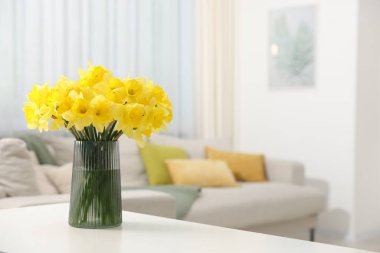 Evdeki beyaz masada vazodaki güzel nergisler, metin için yer.