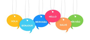 Beyaz arka planda asılı farklı dillerde selamlaşan kağıt konuşma baloncukları. Pankart tasarımı