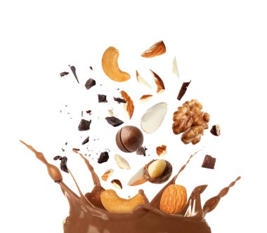 Beyaz arka planda fındıklı çikolata sıçraması