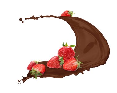 Çikolata sıçraması ve beyaz arka planda havada çilek.