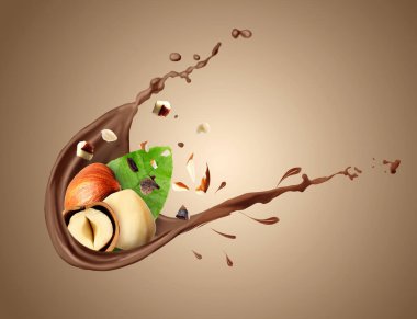 Kahverengi arka planda fındıklı çikolata sıçraması.