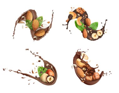 Beyaz arka planda fındıklı çikolata, set