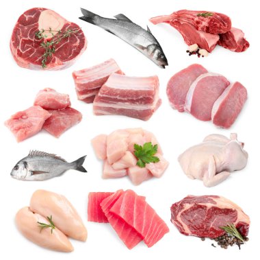 Balık ve et. Beyaz arka planda farklı ham ürünler, kolaj