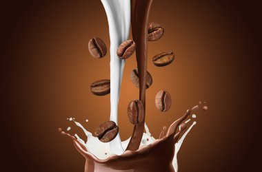 Kahve ve süt, kahverengi arkaplanda havadaki fasulyelerle birlikte akar.