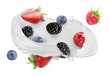 Süt sıçraması ve beyaz arka planda farklı taze meyveler.