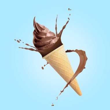 Waffle külahında çikolatalı dondurma ve açık mavi arka planda havaya biraz süt.