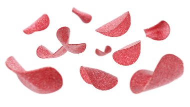 Beyaz arka planda uçan salam dilimleri