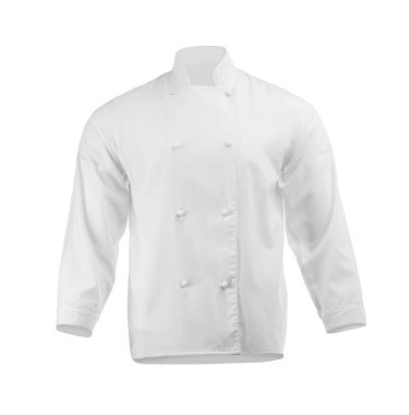 Şefin ceketi beyaza izole edilmiş. Geleneksel üniformanın bir parçası