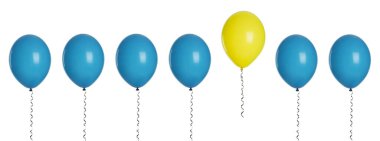 Bireysellik, eşsizlik, farklılık. Beyaz arkaplanda mavi balonlar arasında sarı balon