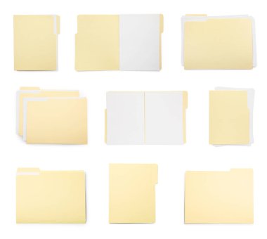 Dosya klasörleri beyaz üzerine izole edilmiş kağıtlar, kolaj. Üst görünüm