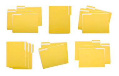 Dosya klasörleri beyaz üzerine izole edilmiş kağıtlar, kolaj. Üst görünüm