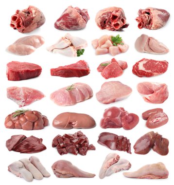 Beyaz arka planda taze çiğ et ürünleri, kolaj