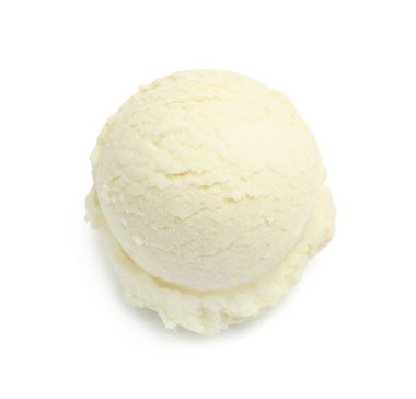 Beyaz arka planda bir kepçe leziz dondurma.