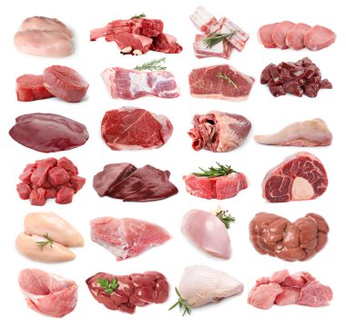 Beyaz arka planda taze çiğ et ürünleri, kolaj