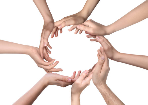 People making circle with their hands on white background, closeup. Unity, partnership, cooperation