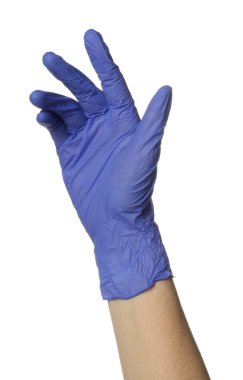 Beyaz arka planda tıp eldivenli doktor, yakın plan.