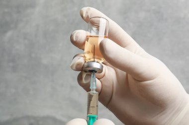 Doktor şırıngayı cam şişedeki hepatit aşısıyla dolduruyor. Gri arka planda, yakın planda. Metin için boşluk