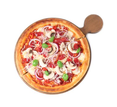 Tütsülenmiş sosis ve mantarlı leziz pizza.