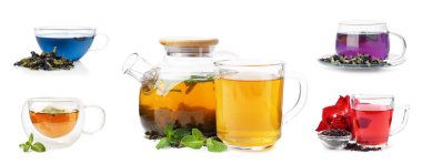 Beyaz sette izole edilmiş farklı tipte cam çay.