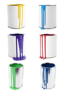 Beyaz arkaplanda farklı renklerde boya damlaları olan kutular, set