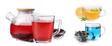 Beyaz sette izole edilmiş farklı tipte cam çay.