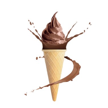 Waffle külahında çikolatalı dondurma ve beyaz arka planda biraz süt.